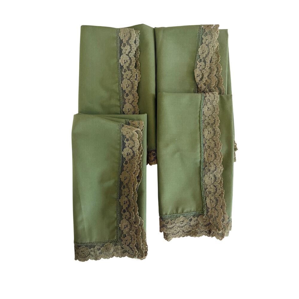 Vintage MCM Avocado Green Cloth Napkins Set of 4 Floral Lace Trim 16”